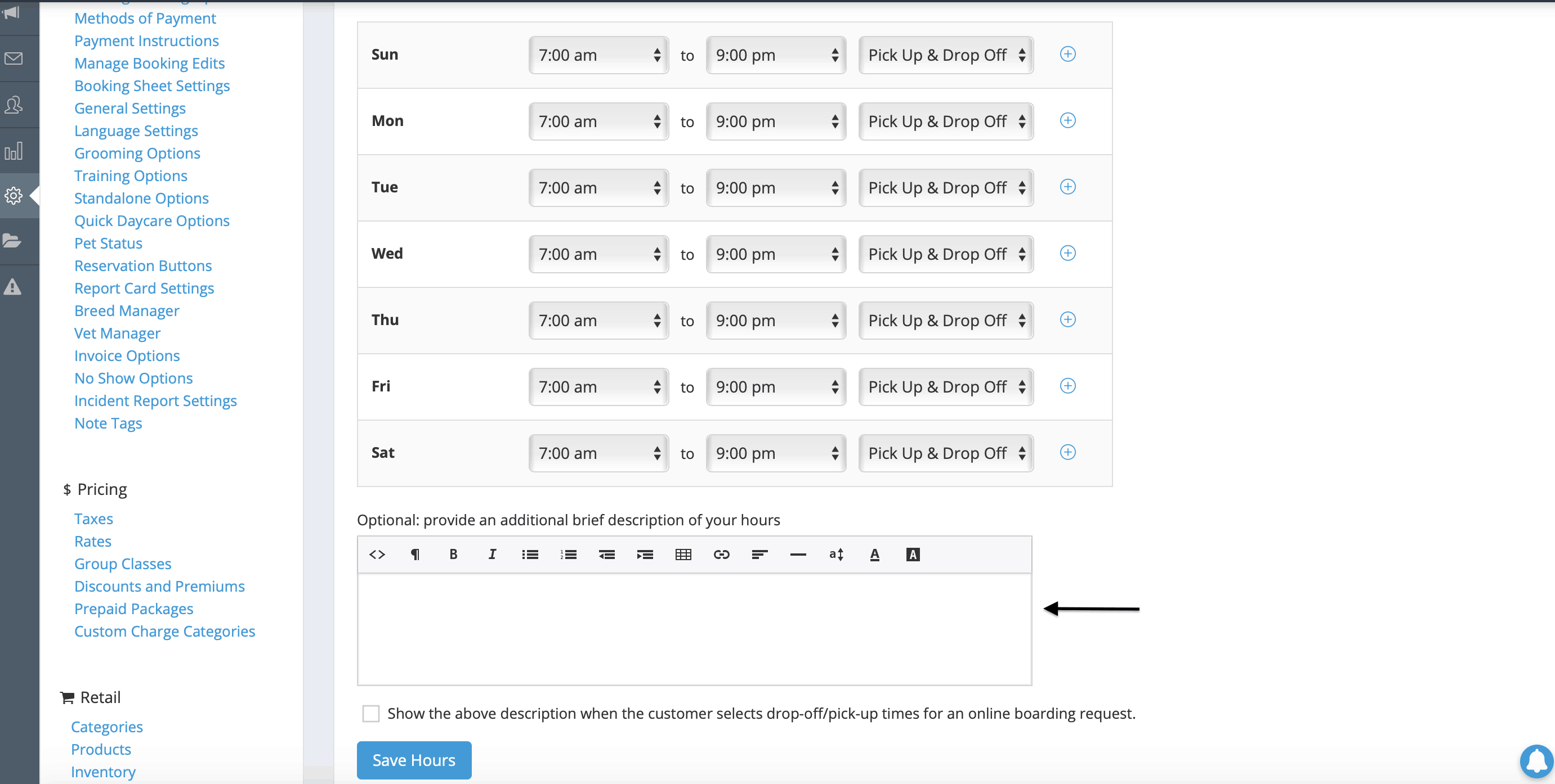 How do I add optional description of your hours of operation? 6